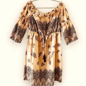Lane Bryant Off The Shoulder tan/camel dress w printed on lace overlay 18/20